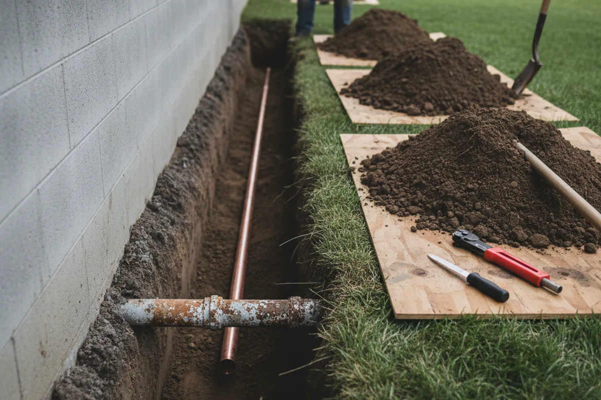 Excavated water line trench during Sewer Line Repair in Cedar Hill